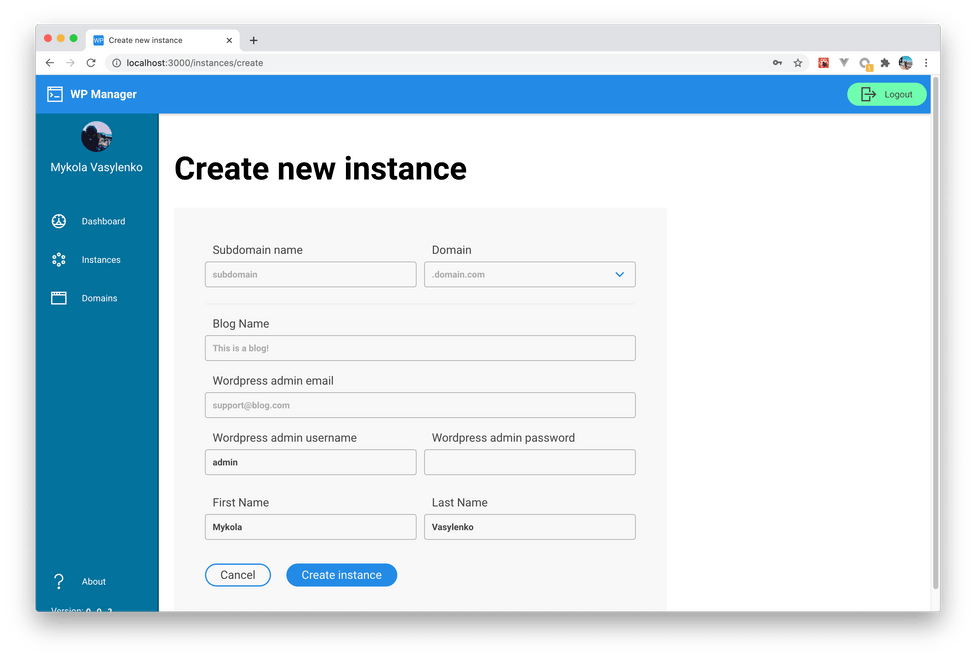 Create new instance page
